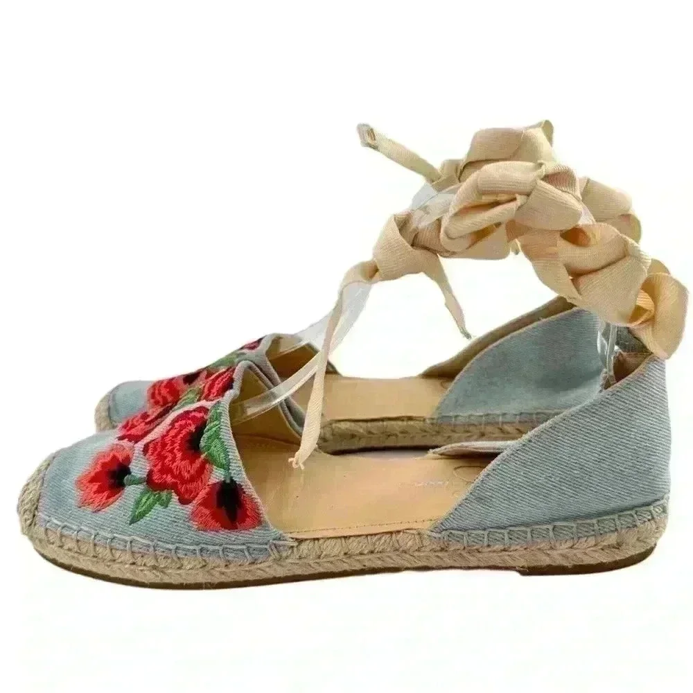 Jessica Simpson Flippo flats size 8.5 38.5 denim floral embroidered espadrilles